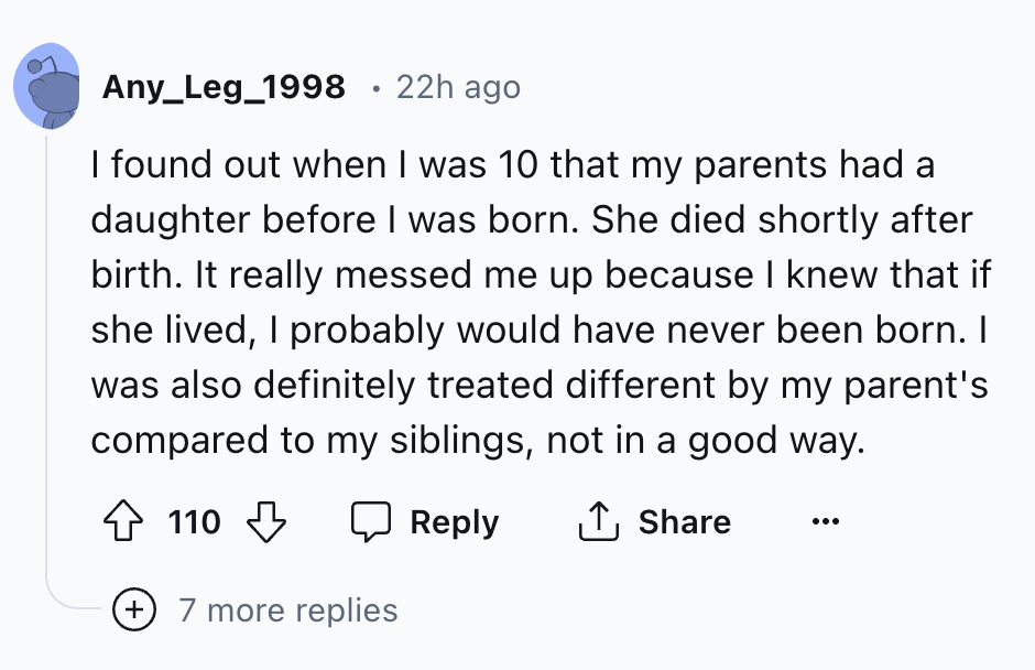 screenshot - Any_Leg_1998 22h ago I found out when I was 10 that my parents had a daughter before I was born. She died shortly after birth. It really messed me up because I knew that if she lived, I probably would have never been born. I was also definite